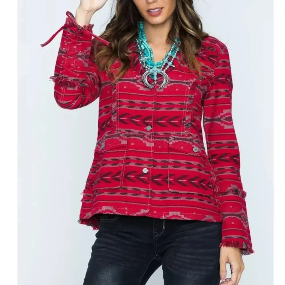 Ryan Michael Beacon Blanket Jacket Womens S Ruby Gray Boho Western Cowgirl Rodeo